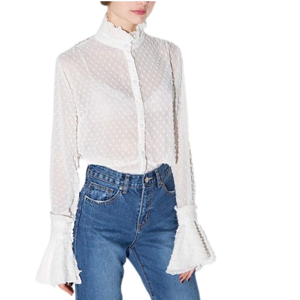 NWT! white sheer high mock ruffle neck shirt sz S✨